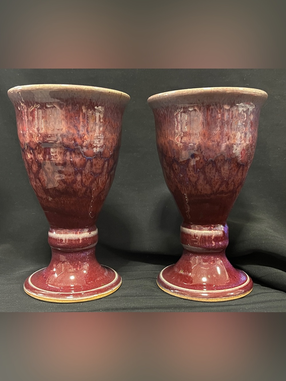 Set of Art Pottery Plum & cream Glazed Wine Goblets